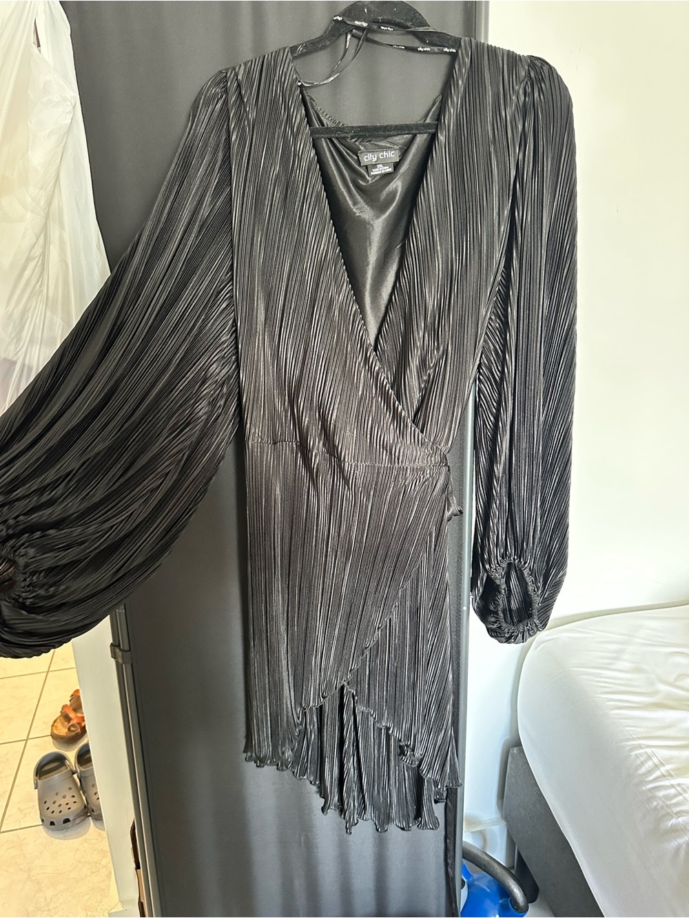 City Chic Black Asymmetrical Pleated Wrap Dress